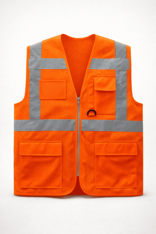 Turuncu fileli teknik yelek çok cepli yazlık model önden görünüm