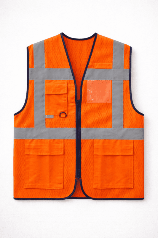 Turuncu fileli iş yeleği çok cepli önden görünüm