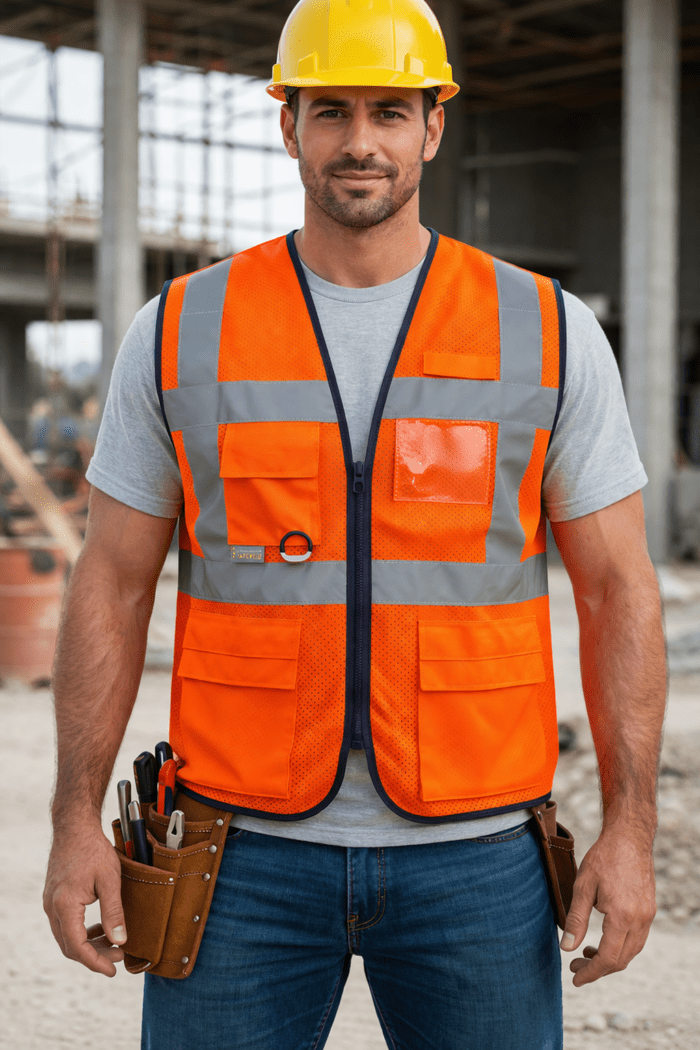 Turuncu Reflektörlü Yelek – Çok Cepli Yüksek Görünürlüklü Şantiye ve Yol Çalışma Yeleği - Görsel 2