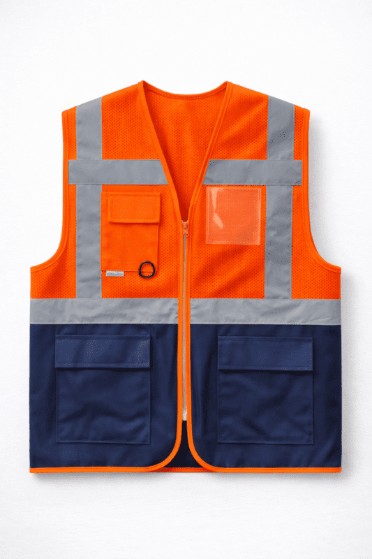 Turuncu Fileli Reflektörlü Yelek çok cepli önden görünüm