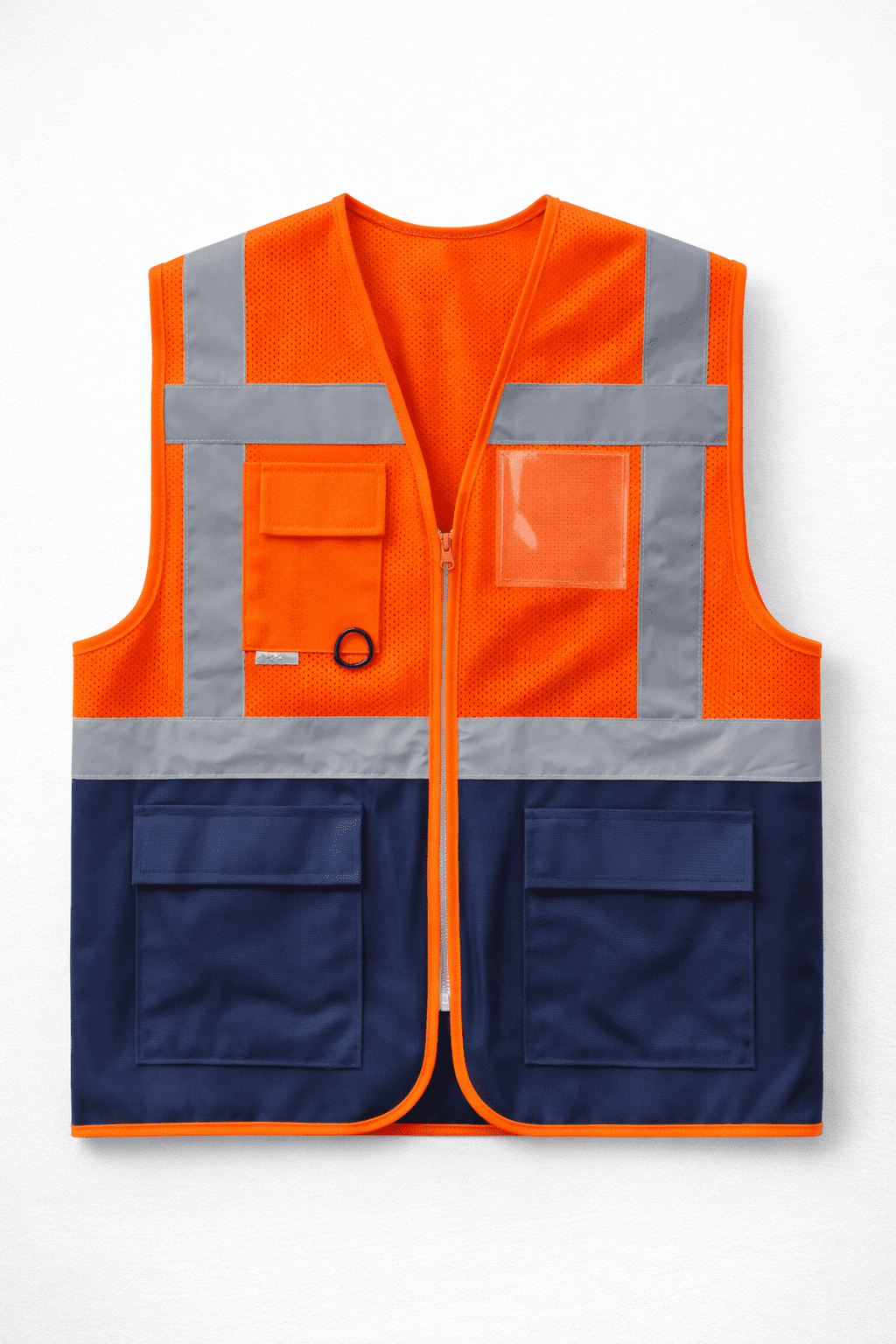 Turuncu Fileli Reflektörlü Yelek Yazlık Tasarım Turuncu Fileli Reflektörlü Yelek çok cepli önden görünüm