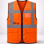 Turuncu güvenlik yeleği reflektörlü ve çok cepli önden görünüm