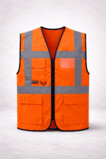 Turuncu güvenlik yeleği reflektörlü ve çok cepli önden görünüm