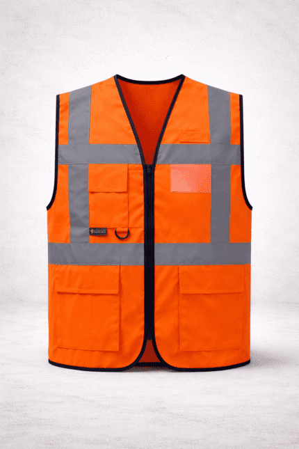 Turuncu güvenlik yeleği reflektörlü ve çok cepli önden görünüm