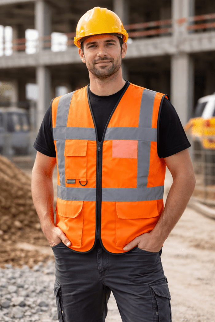 Turuncu Reflektörlü İş Güvenliği Yeleği – Çok Cepli Hi-Vis Şantiye Yeleği - Görsel 2