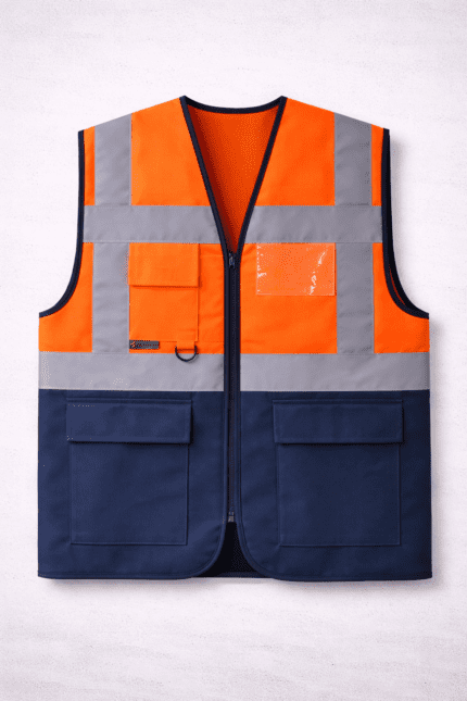 Turuncu reflektif teknik yelek çok cepli profesyonel model önden görünüm