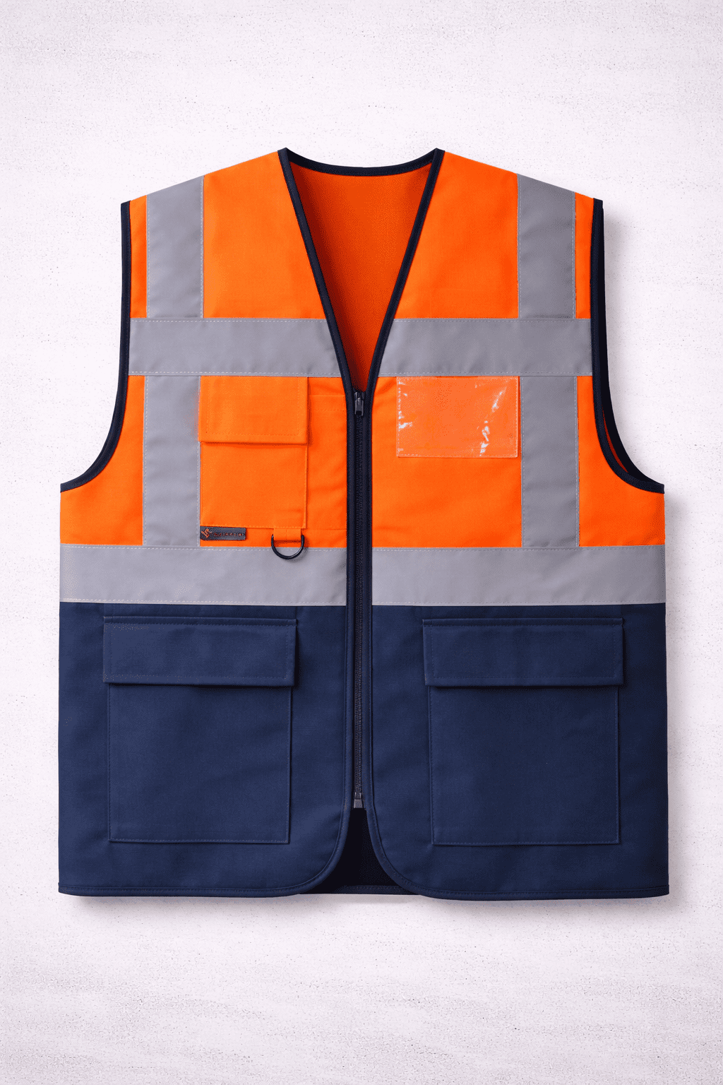 Turuncu Reflektif Teknik Yelek Tasarımı Turuncu reflektif teknik yelek çok cepli profesyonel model önden görünüm