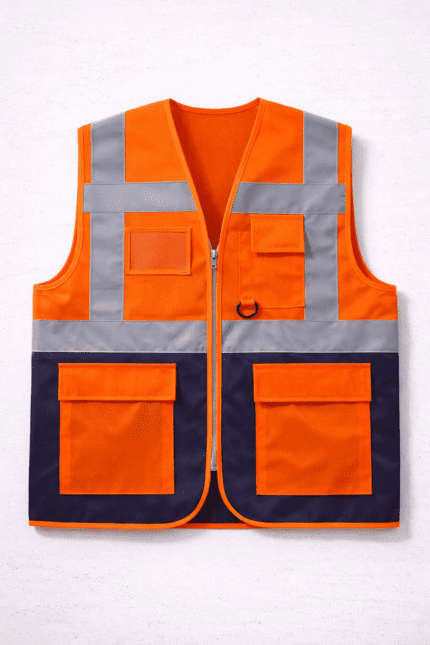 Turuncu çok cepli yelek profesyonel şantiye modeli önden görünüm