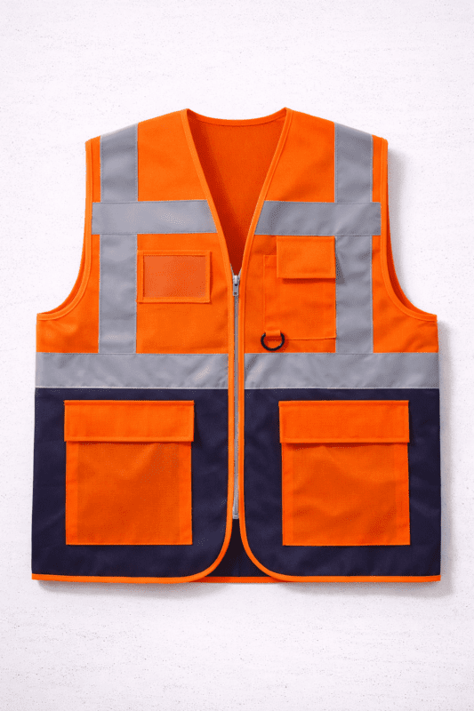 Turuncu çok cepli yelek profesyonel şantiye modeli önden görünüm