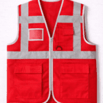Kırmızı fileli iş yeleği çok cepli ve reflektörlü önden görünüm