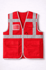 Kırmızı fileli iş yeleği çok cepli ve reflektörlü önden görünüm