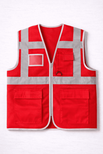 Kırmızı fileli iş yeleği çok cepli ve reflektörlü önden görünüm
