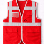 Kırmızı reflektörlü iş yeleği çok cepli önden görünüm