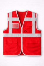 Kırmızı reflektörlü iş yeleği çok cepli önden görünüm