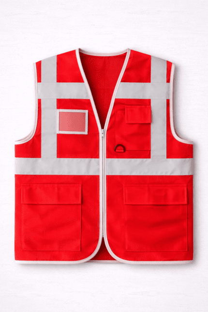 Kırmızı reflektörlü iş yeleği çok cepli önden görünüm