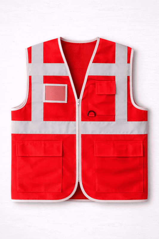 Kırmızı reflektörlü iş yeleği çok cepli önden görünüm
