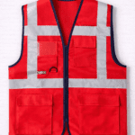 Kırmızı güvenlik yeleği reflektörlü ve çok cepli önden görünüm
