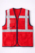 Kırmızı güvenlik yeleği reflektörlü ve çok cepli önden görünüm