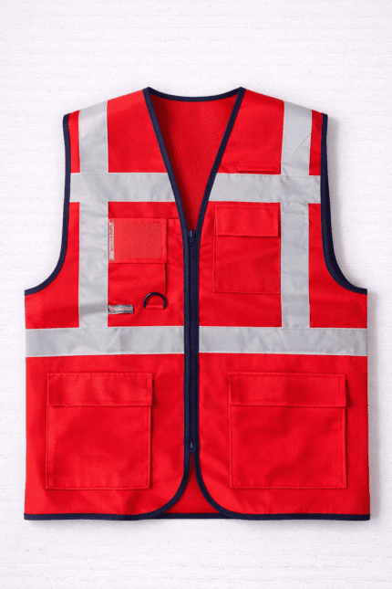 Kırmızı güvenlik yeleği reflektörlü ve çok cepli önden görünüm