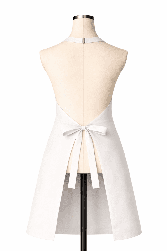 Beyaz profesyonel önlük sırt askı ve bağlama detayı