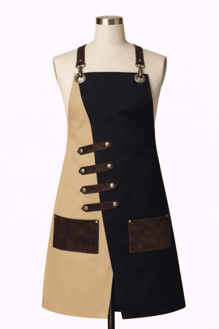 Siyah kanvas deri detaylı iş önlüğü önden görünüm