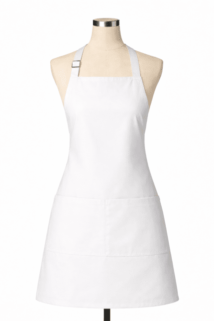 Beyaz profesyonel önlük önden görünüm temiz ve şık tasarım