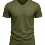 Haki v yaka iş tişörtü önden görünüm %100 pamuklu nefes alan doku