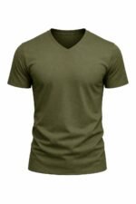 Haki v yaka iş tişörtü önden görünüm %100 pamuklu nefes alan doku