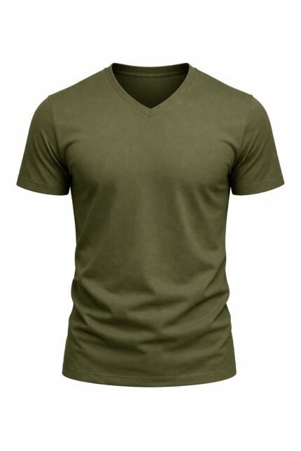 Haki v yaka iş tişörtü önden görünüm %100 pamuklu nefes alan doku