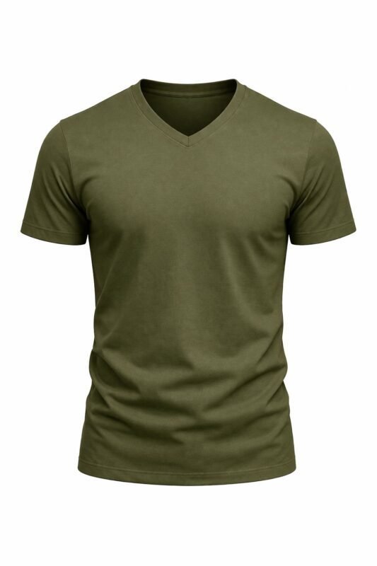 Haki v yaka iş tişörtü önden görünüm %100 pamuklu nefes alan doku