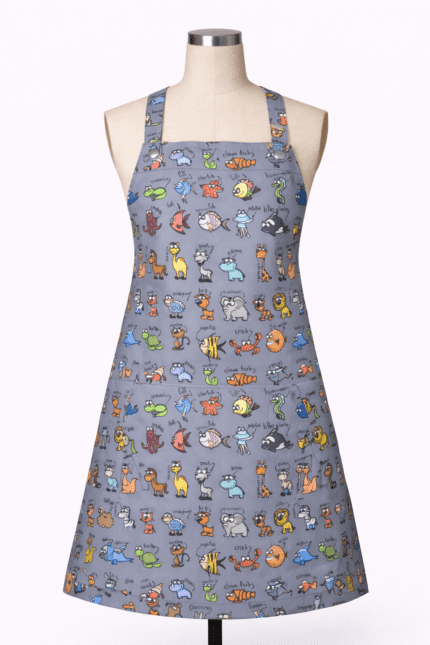 Hayvan desenli iş önlüğü önden görünüm sevimli figürler