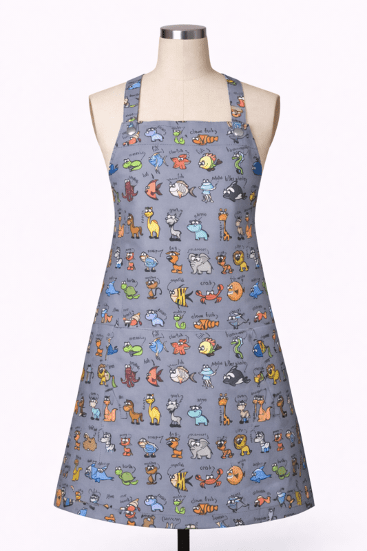 Hayvan desenli iş önlüğü önden görünüm sevimli figürler