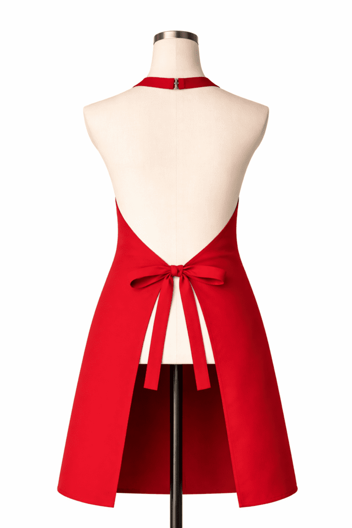 Kırmızı profesyonel iş önlüğü sırt askı ve bağlama detayı