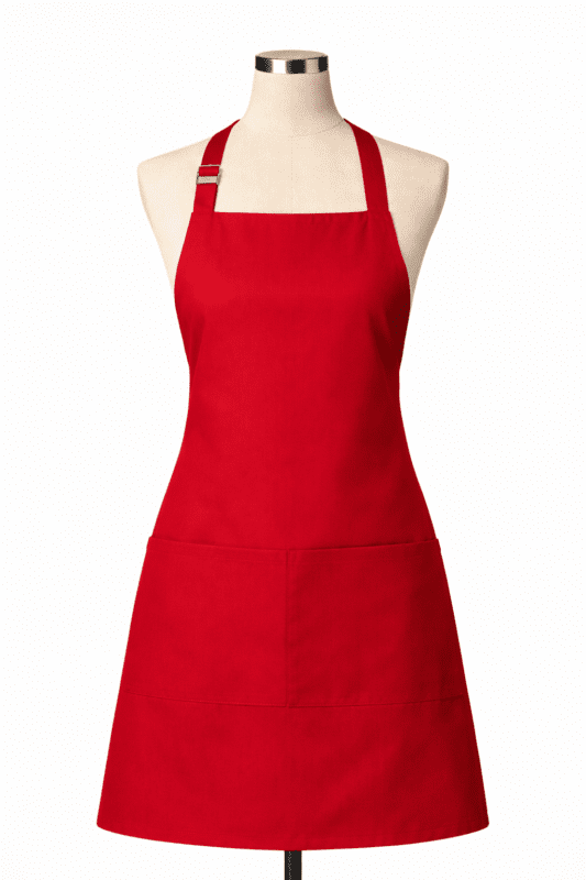 Kırmızı profesyonel iş önlüğü önden görünüm şık ve canlı tasarım