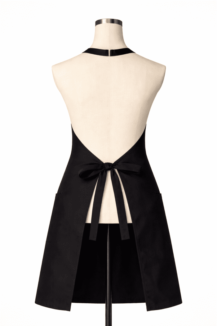 Siyah profesyonel iş önlüğü sırt askı ve bağlama detayı