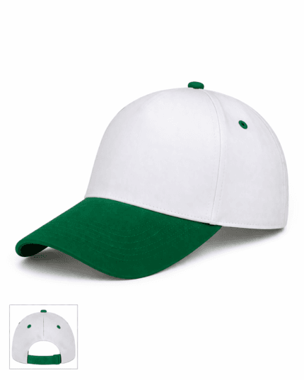 Logonuz için baskıya uygun, dikişsiz ön paneli bulunan beyaz yeşil promosyon şapka.