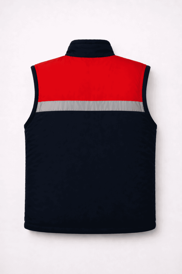 Reflektörlü kırmızı lacivert iş güvenliği yeleği arka görünüm