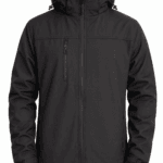 Tam boy fermuarlı, göğüs cepli ve ayarlanabilir kapüşonlu siyah Softshell iş ceketi.