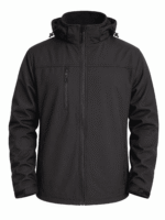 Tam boy fermuarlı, göğüs cepli ve ayarlanabilir kapüşonlu siyah Softshell iş ceketi.