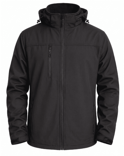 Tam boy fermuarlı, göğüs cepli ve ayarlanabilir kapüşonlu siyah Softshell iş ceketi.