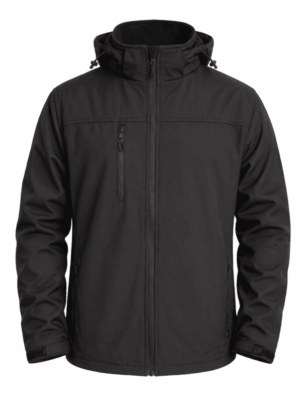 Tam boy fermuarlı, göğüs cepli ve ayarlanabilir kapüşonlu siyah Softshell iş ceketi.