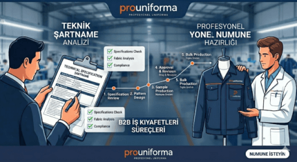 Prouniforma B2B iş kıyafetleri şartname analizi ve profesyonel numune hazırlık süreçleri infografiği.