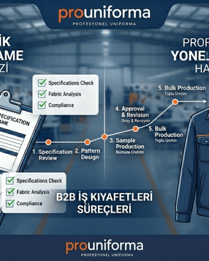 Prouniforma B2B iş kıyafetleri şartname analizi ve profesyonel numune hazırlık süreçleri infografiği.