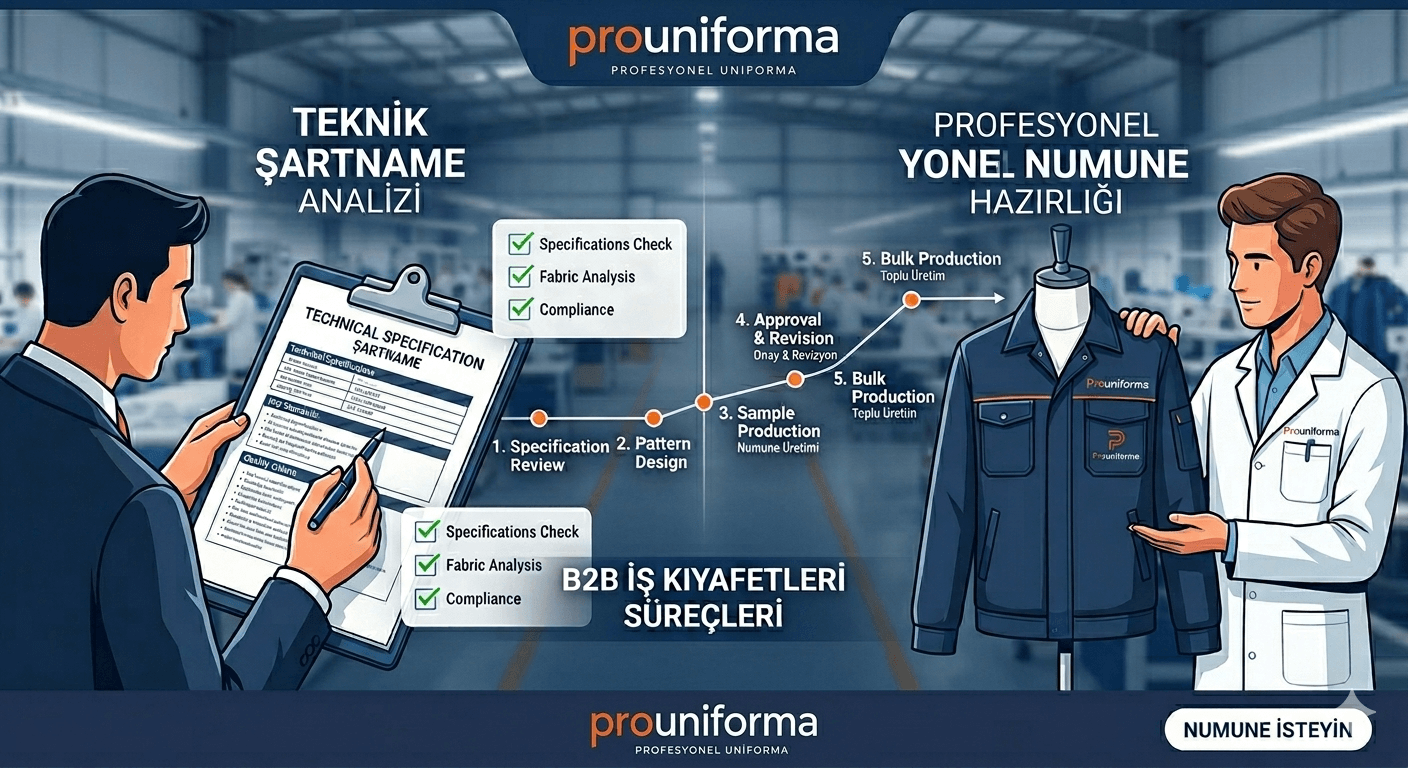 Prouniforma B2B iş kıyafetleri şartname analizi ve profesyonel numune hazırlık süreçleri infografiği.