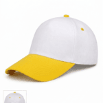 Logonuz için baskıya uygun, dikişsiz ön paneli bulunan beyaz sarı promosyon şapka.