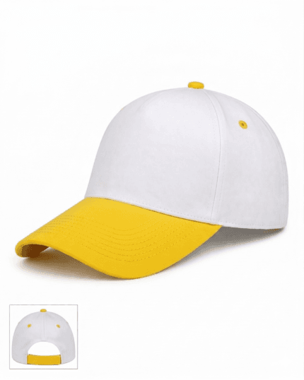 Logonuz için baskıya uygun, dikişsiz ön paneli bulunan beyaz sarı promosyon şapka.