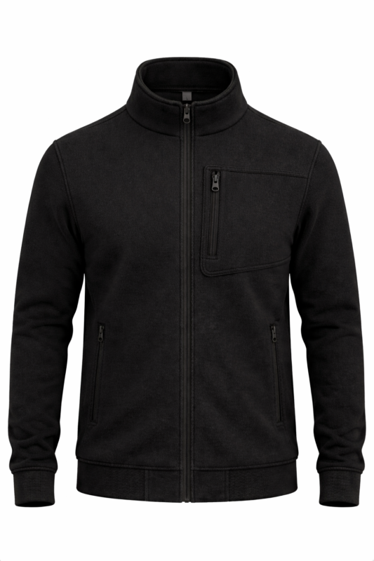 Erkek siyah 3 cepli iş polar önden görünüm kırmızı fermuarlı tasarım