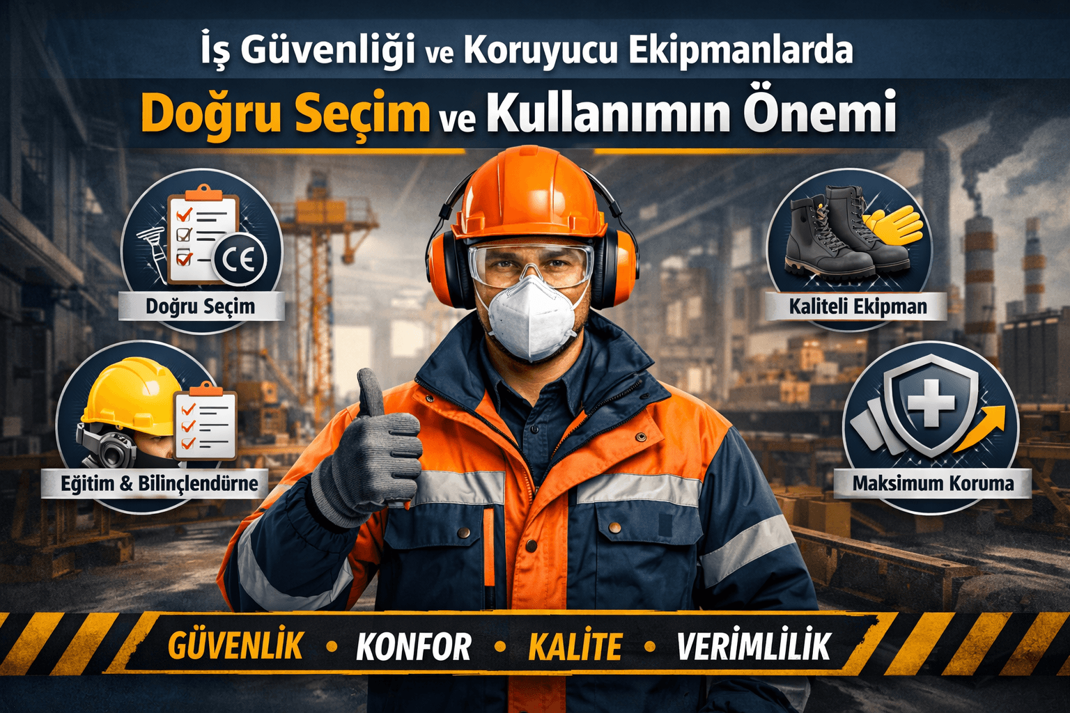 İş güvenliği ekipmanları ile donatılmış çalışan doğru seçim ve kullanım örneği