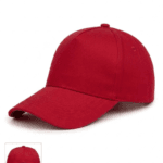 Beyaz zeminde yan ve arka görünümü olan, ayarlanabilir çıtçıtlı, pamuklu kırmızı promosyon şapka.