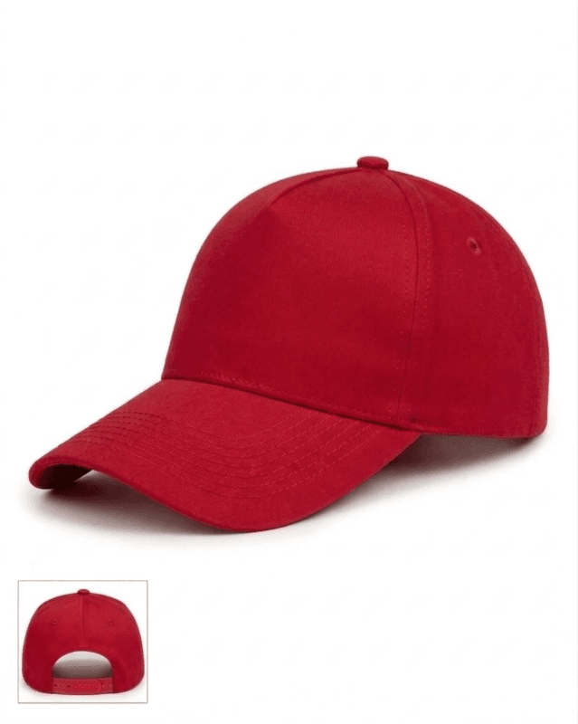 Beyaz zeminde yan ve arka görünümü olan, ayarlanabilir çıtçıtlı, pamuklu kırmızı promosyon şapka.